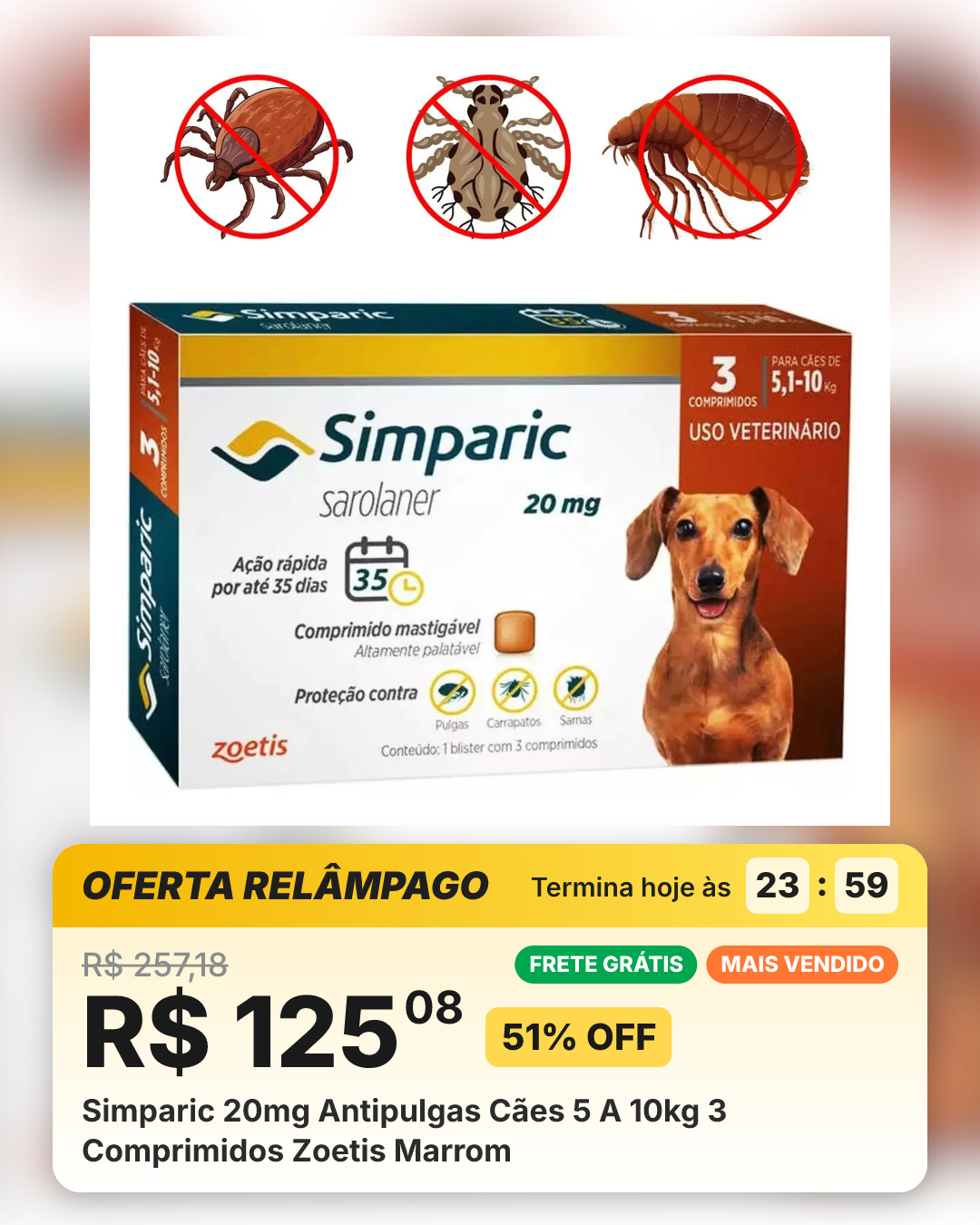 Simparic 20mg Antipulgas Cães 5 A 10kg 3 Comprimidos Zoetis Marrom