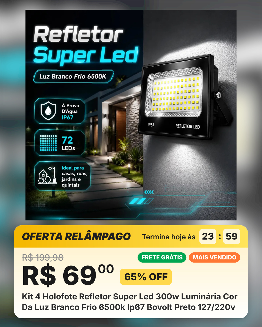 Kit 4 Holofote Refletor Super Led 300w Luminária Cor Da Luz Branco Frio 6500k Ip67 Bovolt Preto 127/220v