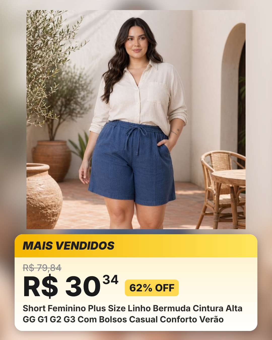 Short Feminino Plus Size Linho Bermuda Cintura Alta GG G1 G2 G3 Com Bolsos Casual Conforto Verão