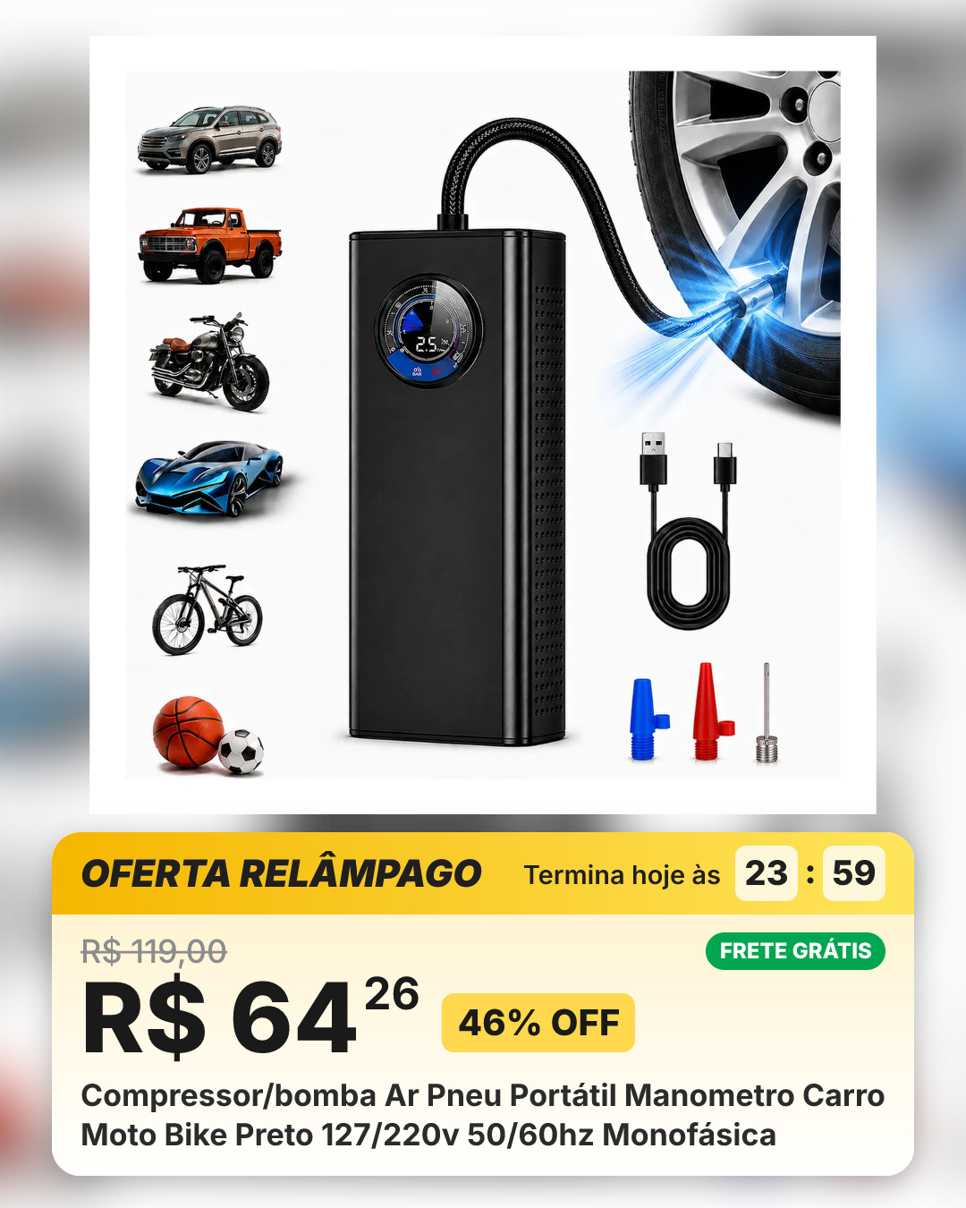 Compressor/bomba Ar Pneu Portátil Manometro Carro Moto Bike Preto 127/220v 50/60hz Monofásica