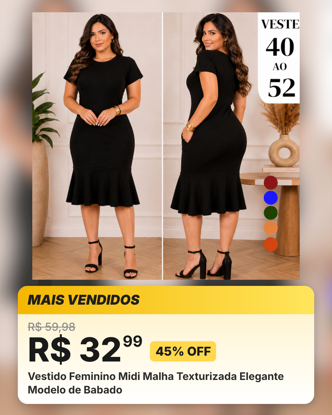 Vestido Feminino Midi Malha Texturizada Elegante Modelo de Babado