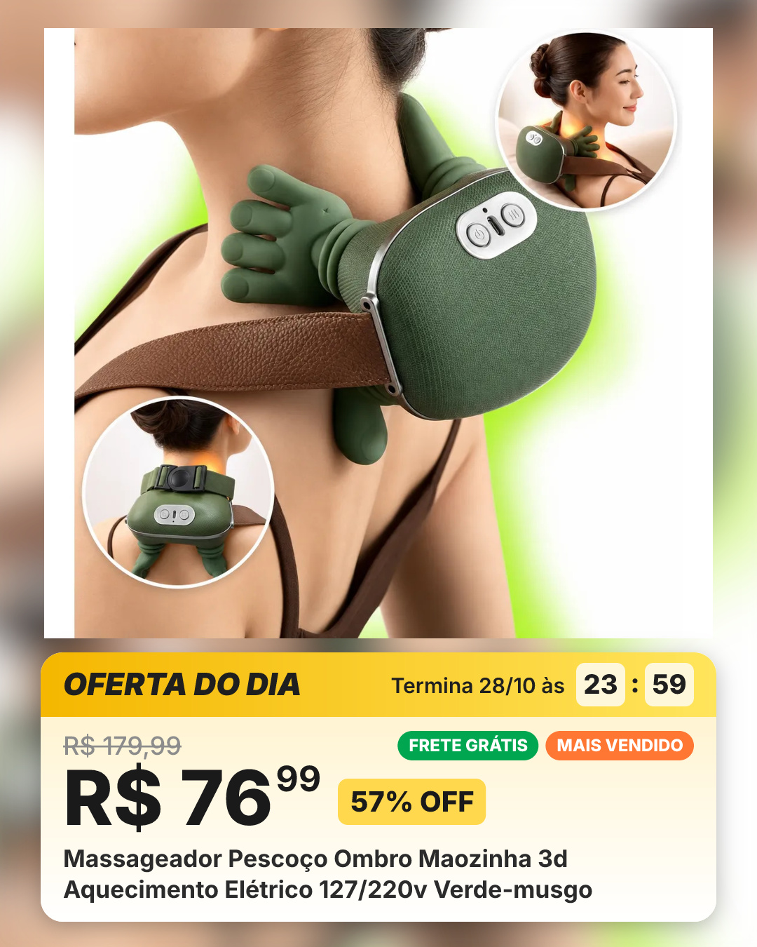 Massageador Pescoço Ombro Maozinha 3d Aquecimento Elétrico 127/220v Verde-musgo