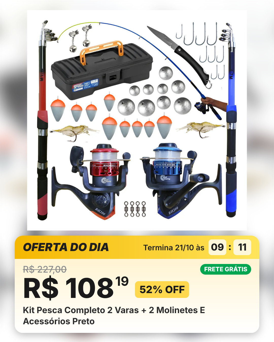 Kit Pesca Completo 2 Varas + 2 Molinetes E Acessórios Preto