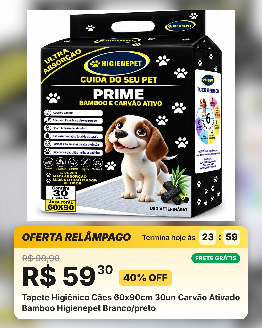 Tapete Higiênico Cães 60x90cm 30un Carvão Ativado Bamboo Higienepet Branco/preto