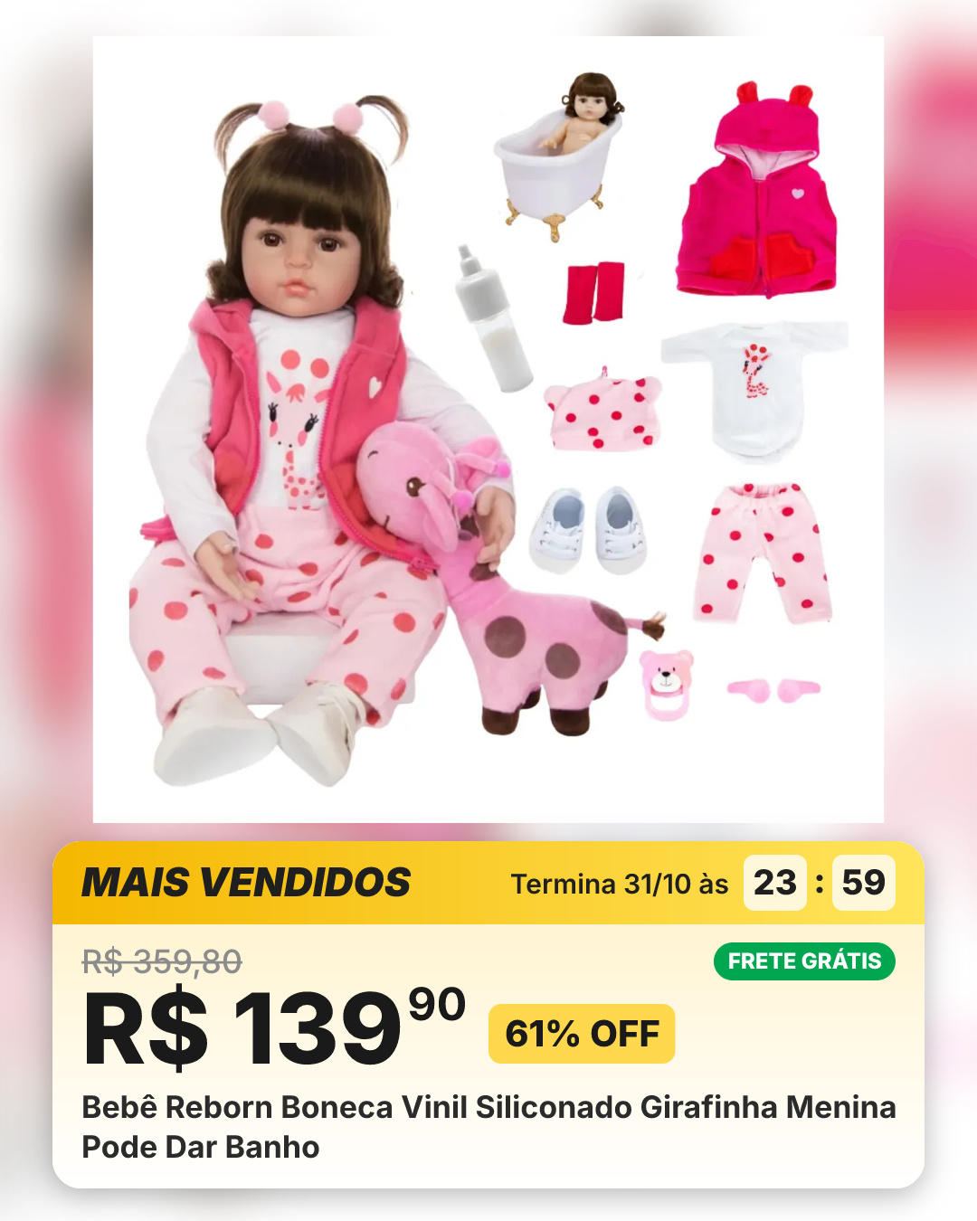 Bebê Reborn Boneca Vinil Siliconado Girafinha Menina Pode Dar Banho