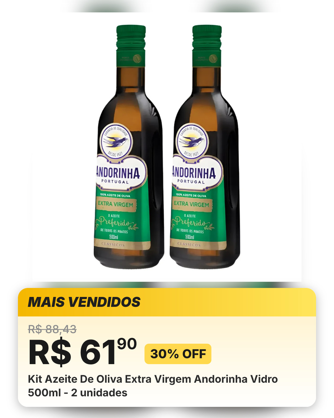 Kit Azeite De Oliva Extra Virgem Andorinha Vidro 500ml - 2 unidades