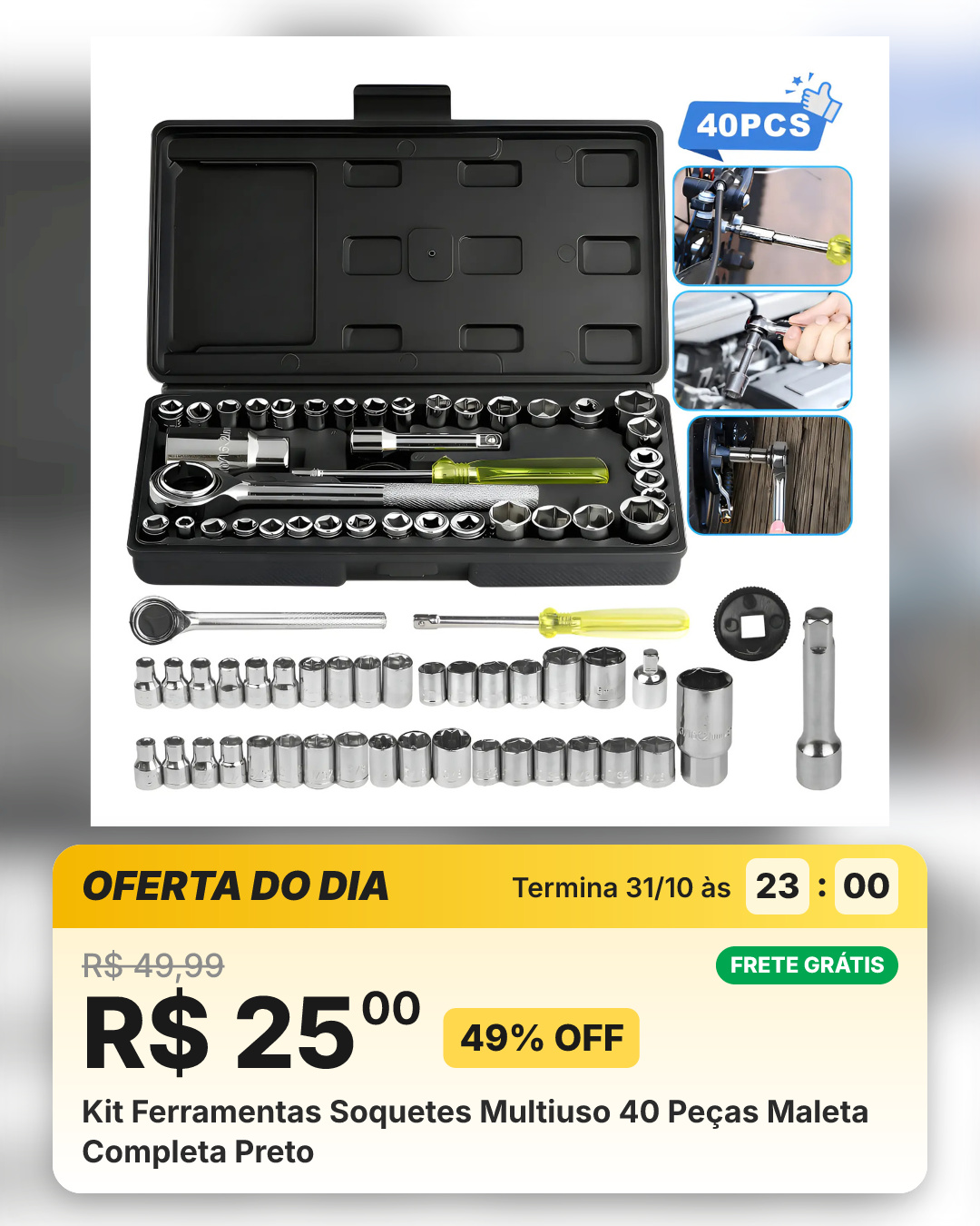 Kit Ferramentas Soquetes Multiuso 40 Peças Maleta Completa Preto