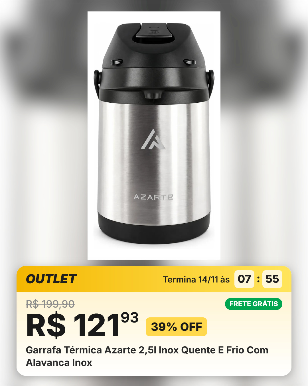 Garrafa Térmica Azarte 2,5l Inox Quente E Frio Com Alavanca Inox