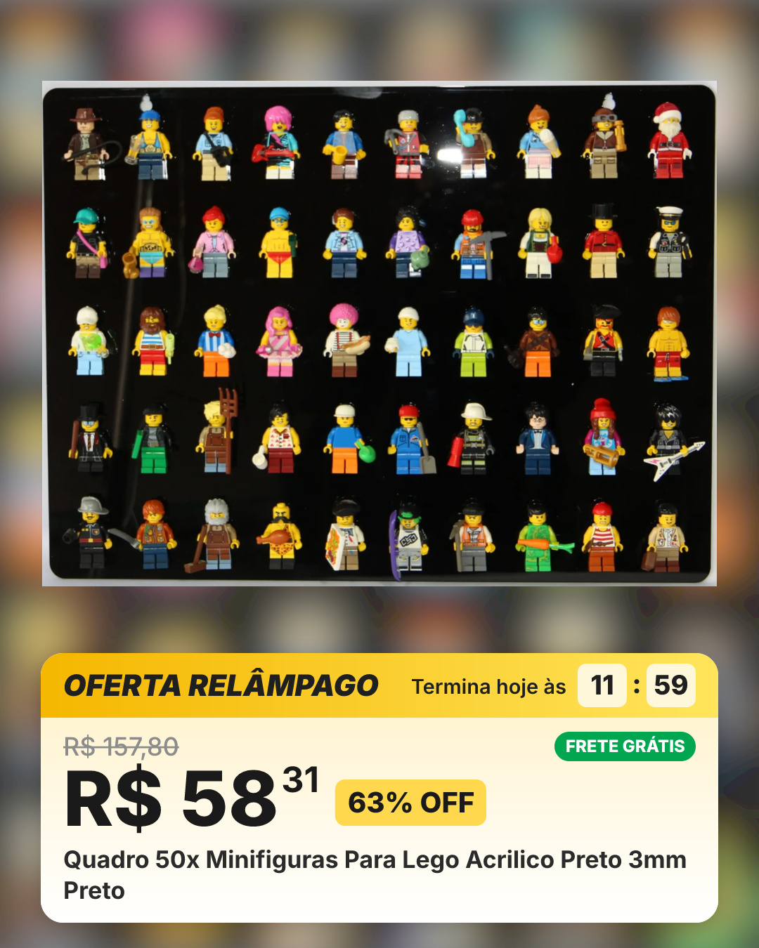 Quadro 50x Minifiguras Para Lego Acrilico Preto 3mm Preto
