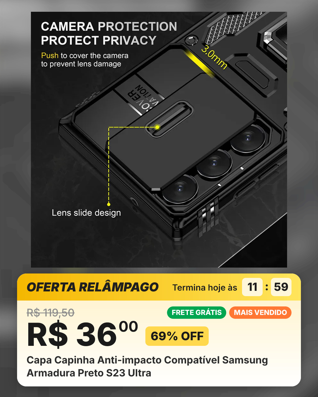 Capa Capinha Anti-impacto Compatível Samsung Armadura Preto S23 Ultra