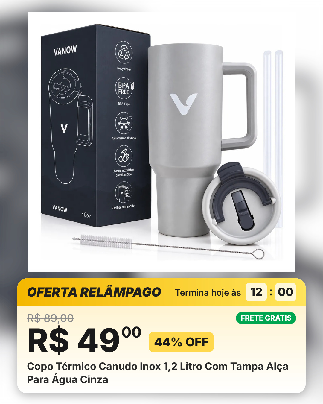 Copo Térmico Canudo Inox 1,2 Litro Com Tampa Alça Para Água Cinza