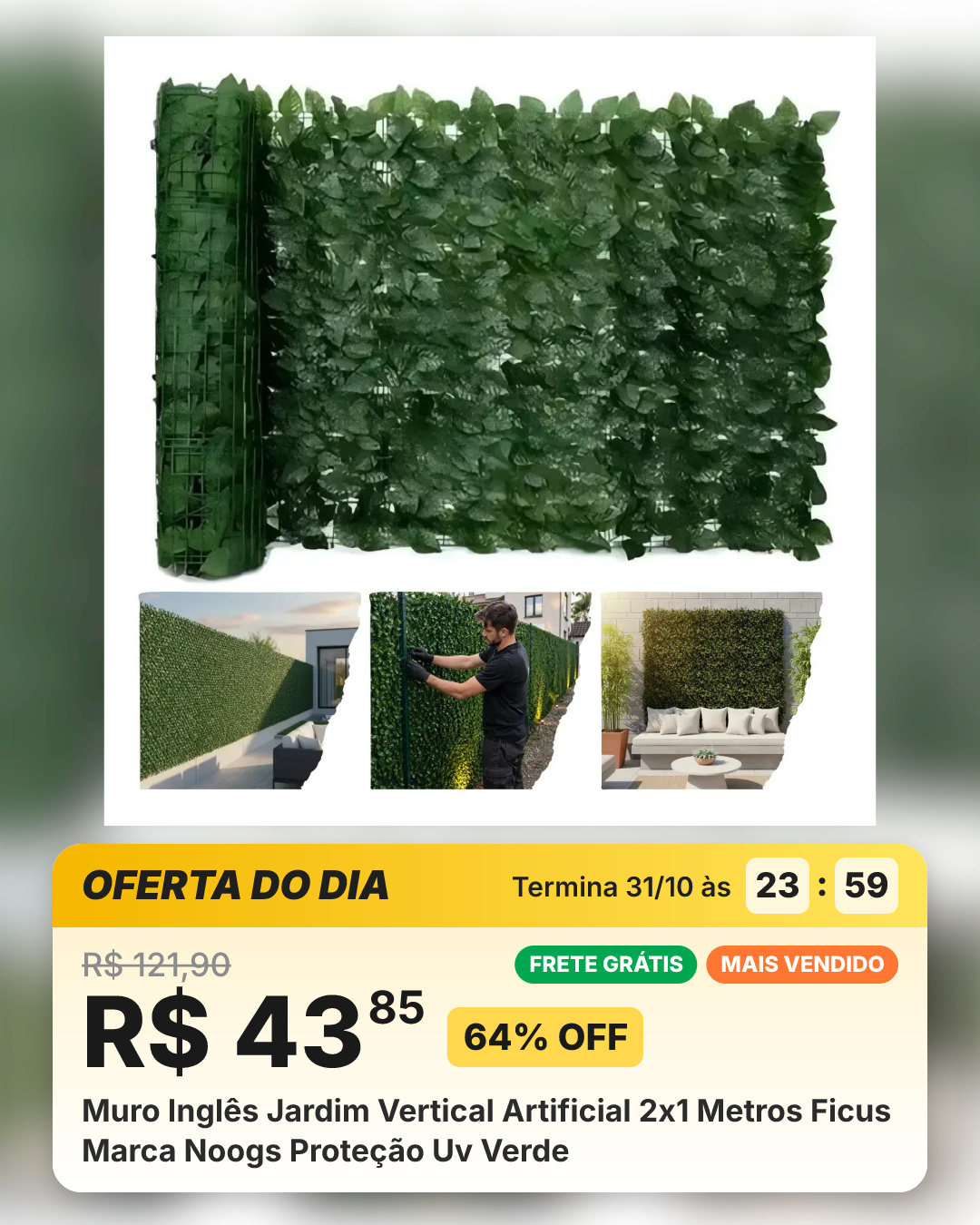 Muro Inglês Jardim Vertical Artificial 2x1 Metros Ficus Marca Noogs Proteção Uv Verde