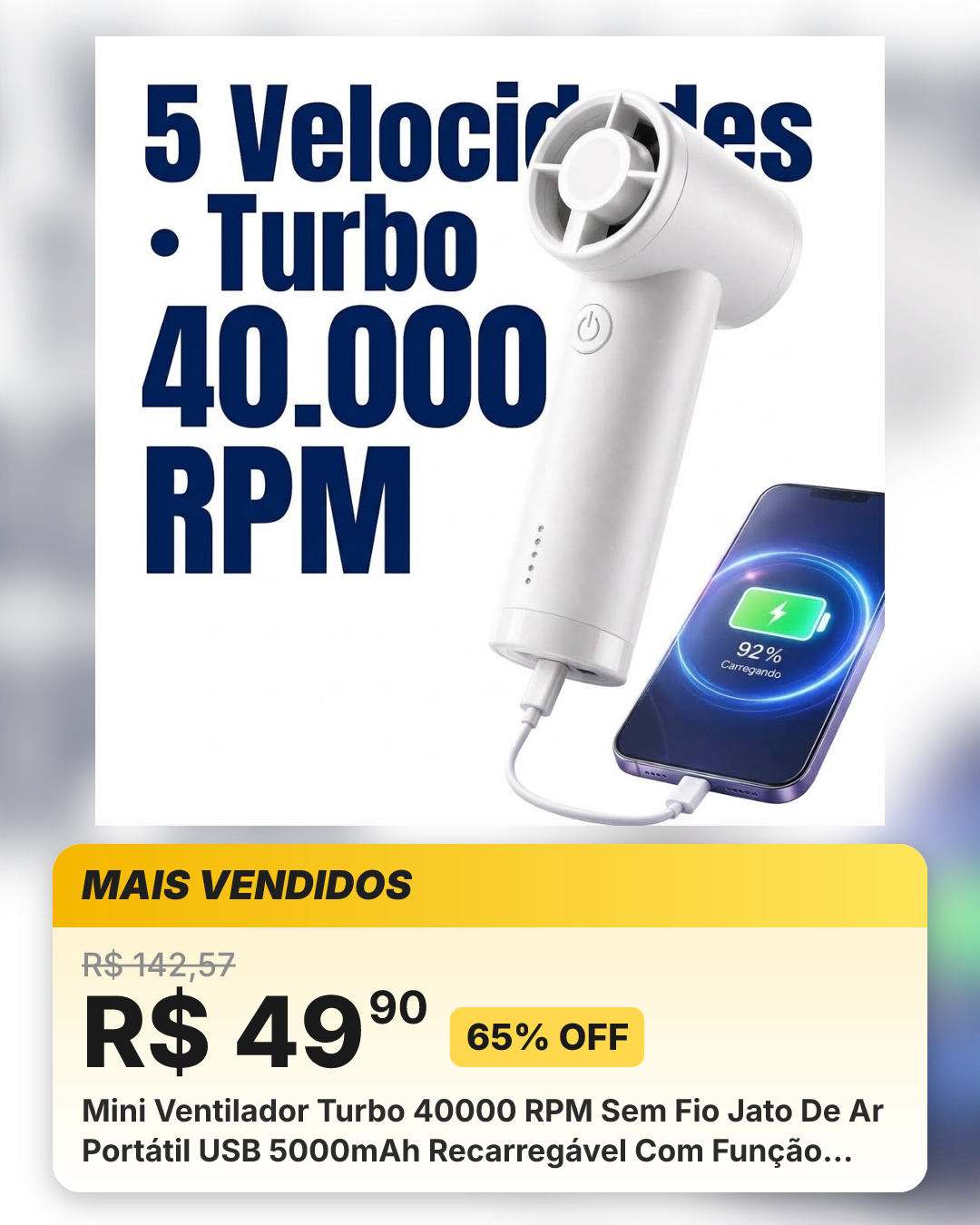 Mini Ventilador Turbo 40000 RPM Sem Fio Jato De Ar Portátil USB 5000mAh Recarregável Com Função Power Bank