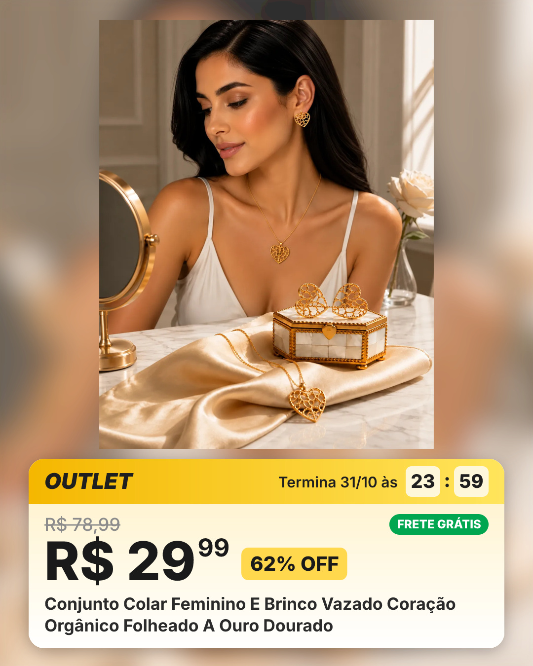 Conjunto Colar Feminino E Brinco Vazado Coração Orgânico Folheado A Ouro Dourado