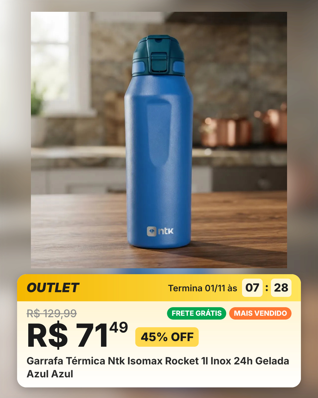 Garrafa Térmica Ntk Isomax Rocket 1l Inox 24h Gelada Azul Azul