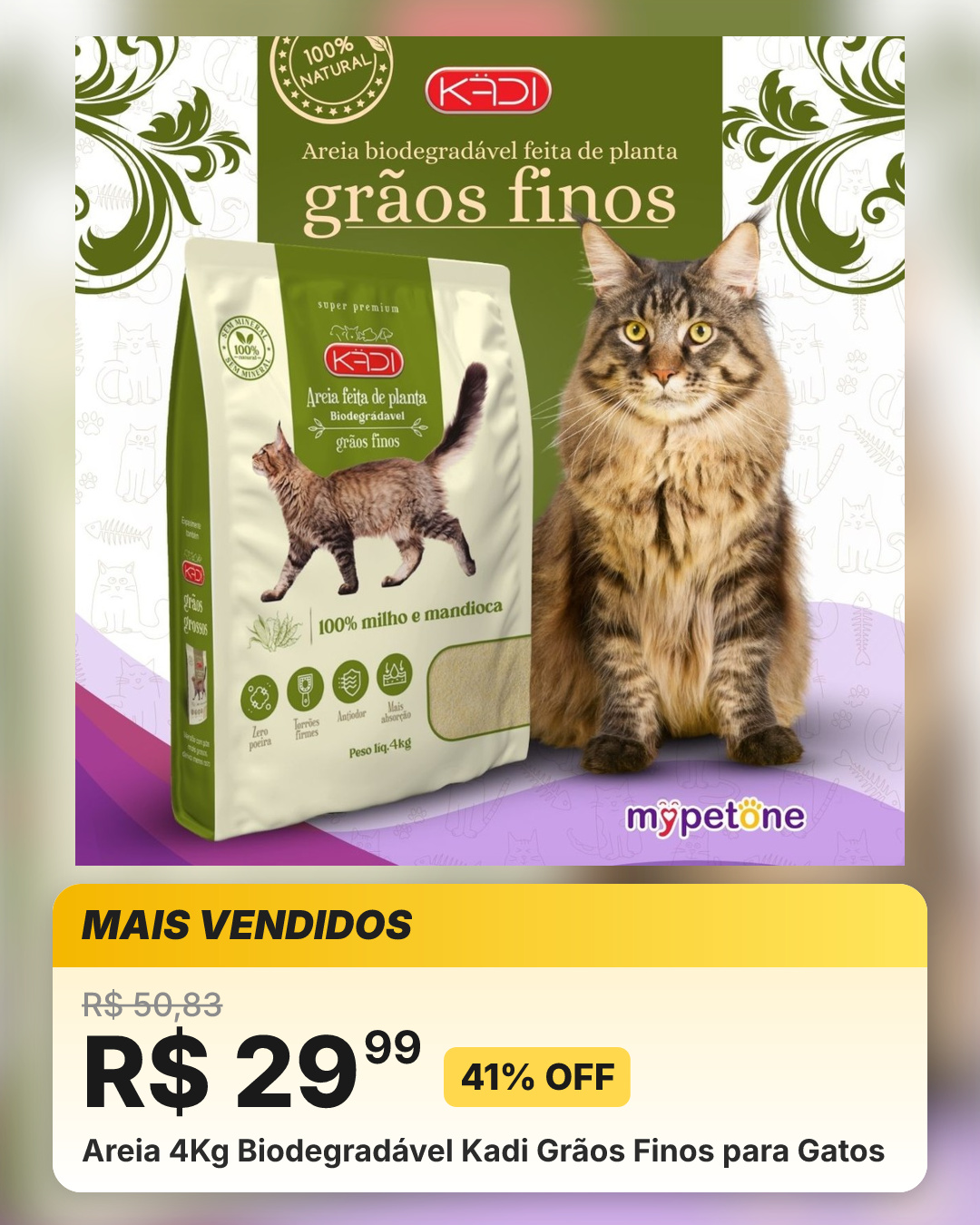 Areia 4Kg Biodegradável Kadi Grãos Finos para Gatos