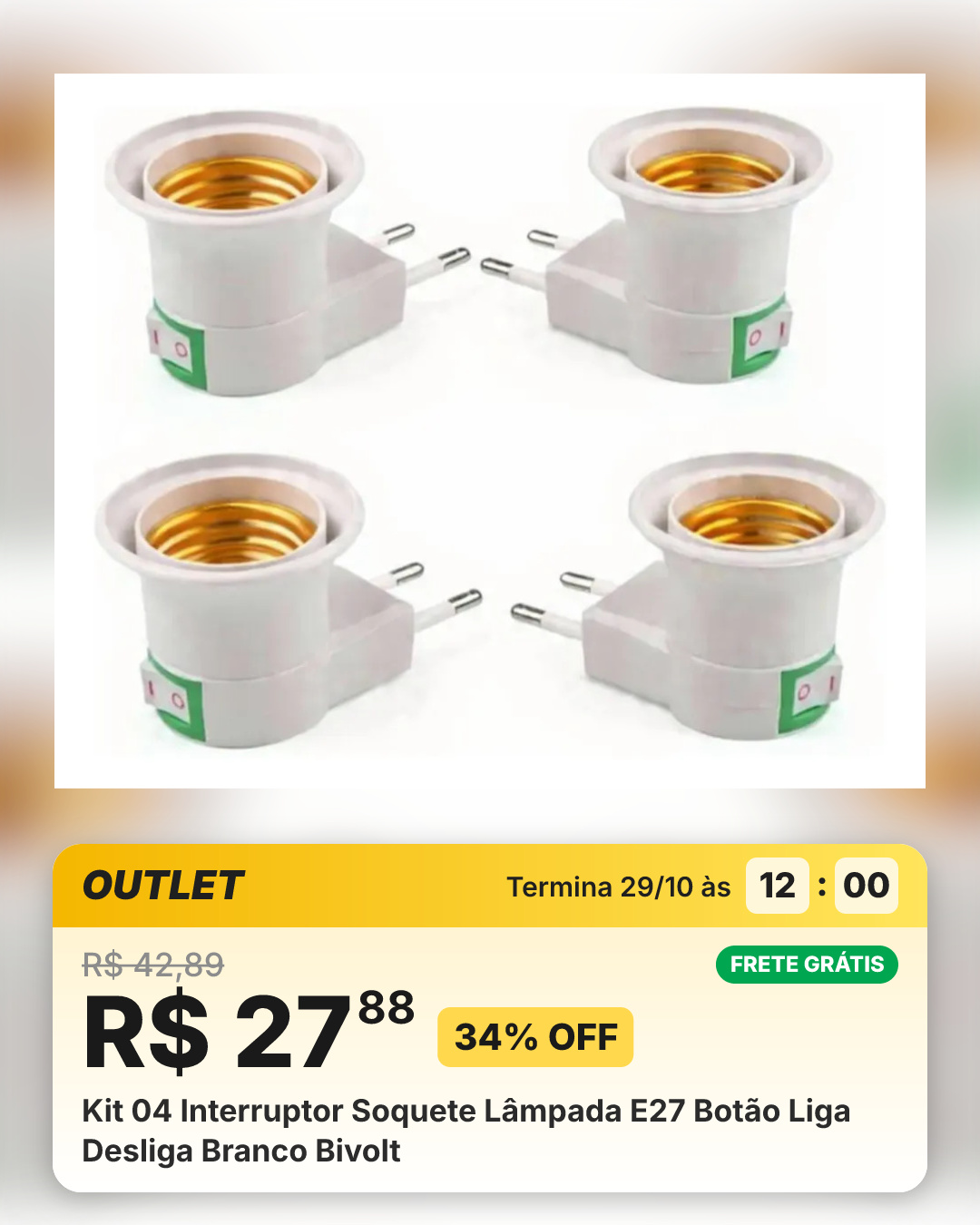 Kit 04 Interruptor Soquete Lâmpada E27 Botão Liga Desliga Branco Bivolt