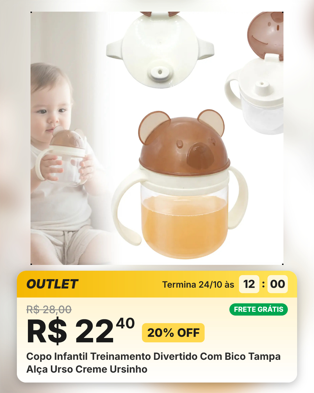 Copo Infantil Treinamento Divertido Com Bico Tampa Alça Urso Creme Ursinho
