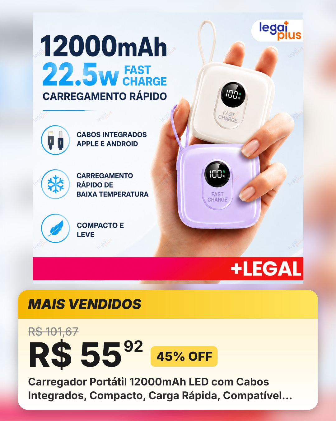 Carregador Portátil 12000mAh LED com Cabos Integrados, Compacto, Carga Rápida, Compatível com iPhone e Android