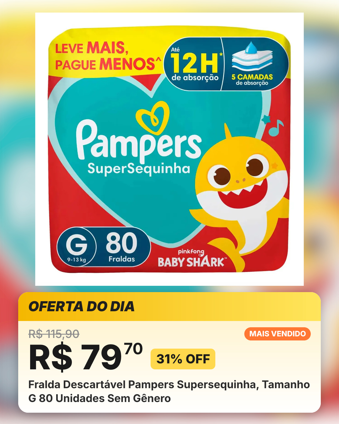 Fralda Descartável Pampers Supersequinha, Tamanho G 80 Unidades Sem Gênero