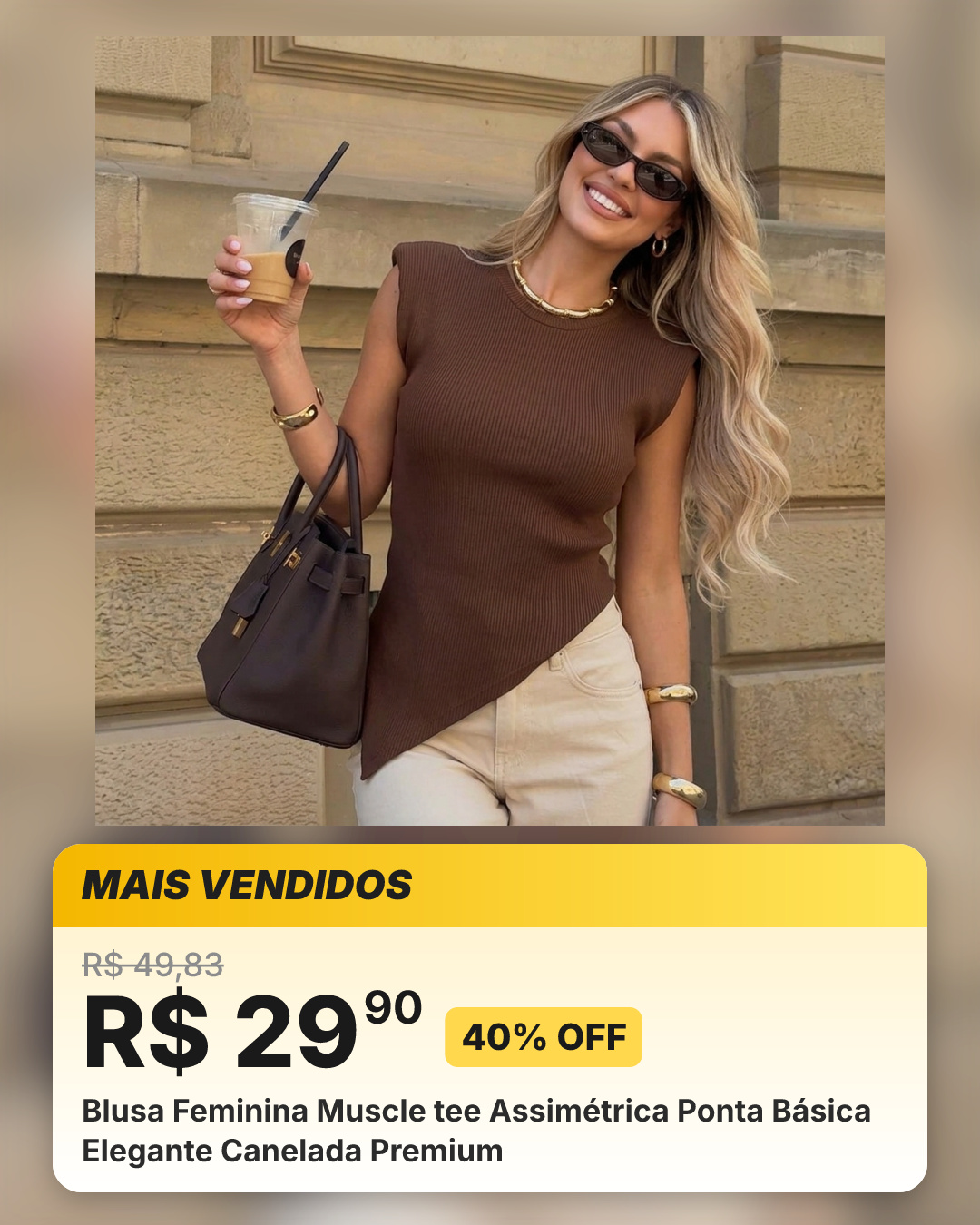 Blusa Feminina Muscle tee Assimétrica Ponta Básica Elegante Canelada Premium