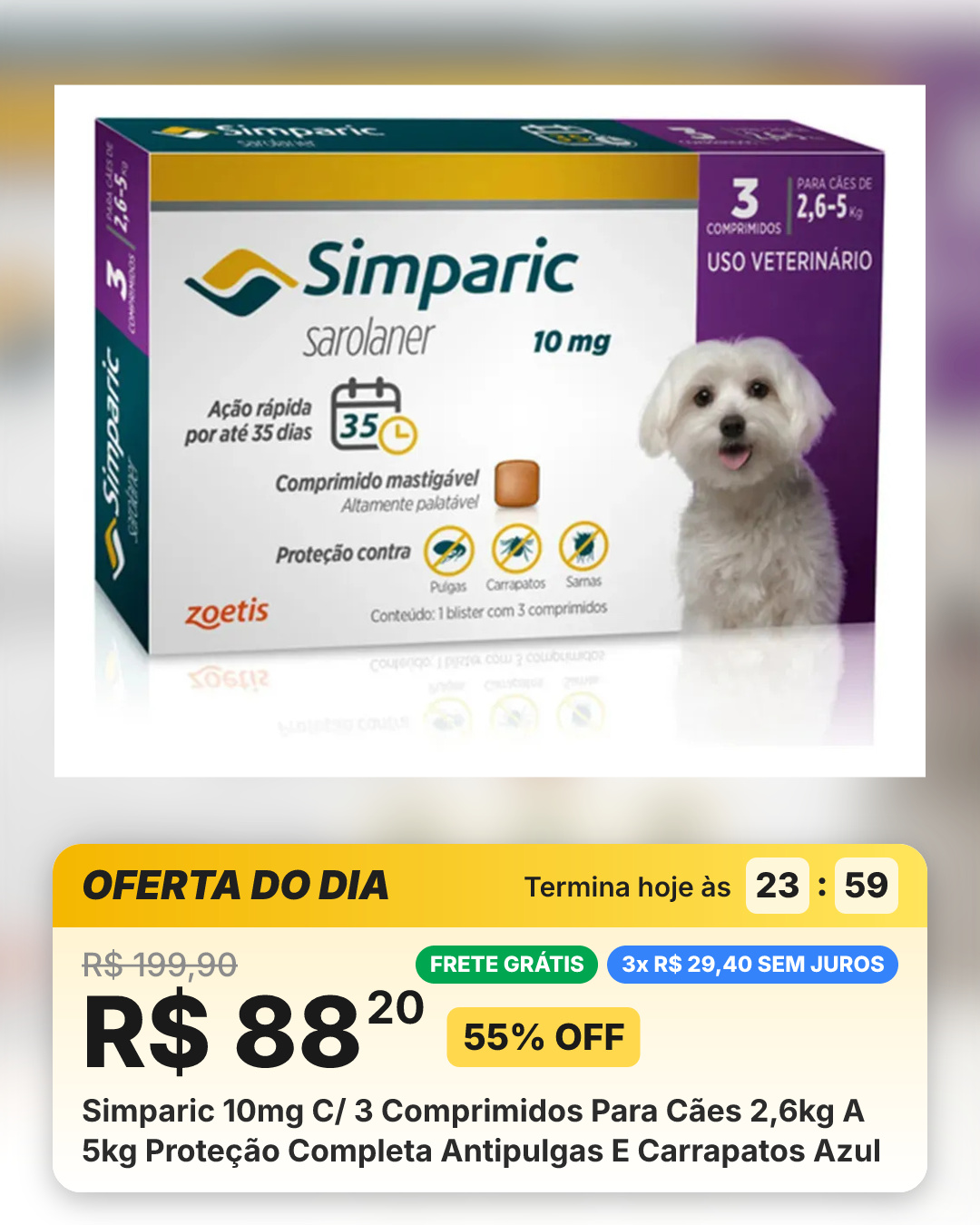 Simparic 10mg C/ 3 Comprimidos Para Cães 2,6kg A 5kg Proteção Completa Antipulgas E Carrapatos Azul