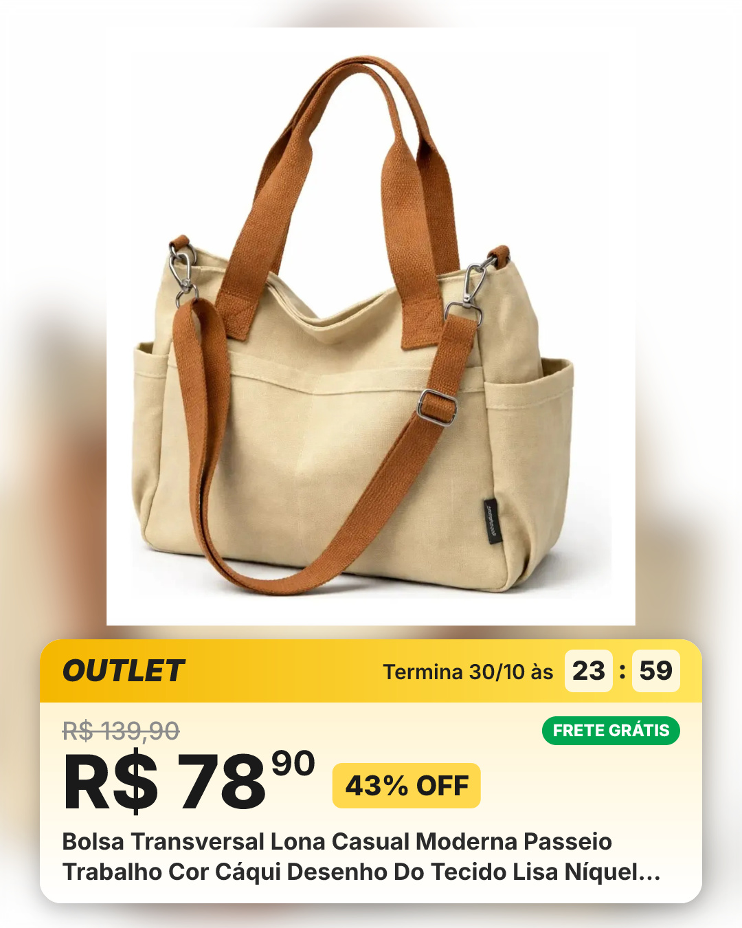 Bolsa Transversal Lona Casual Moderna Passeio Trabalho Cor Cáqui Desenho Do Tecido Lisa Níquel Marrom