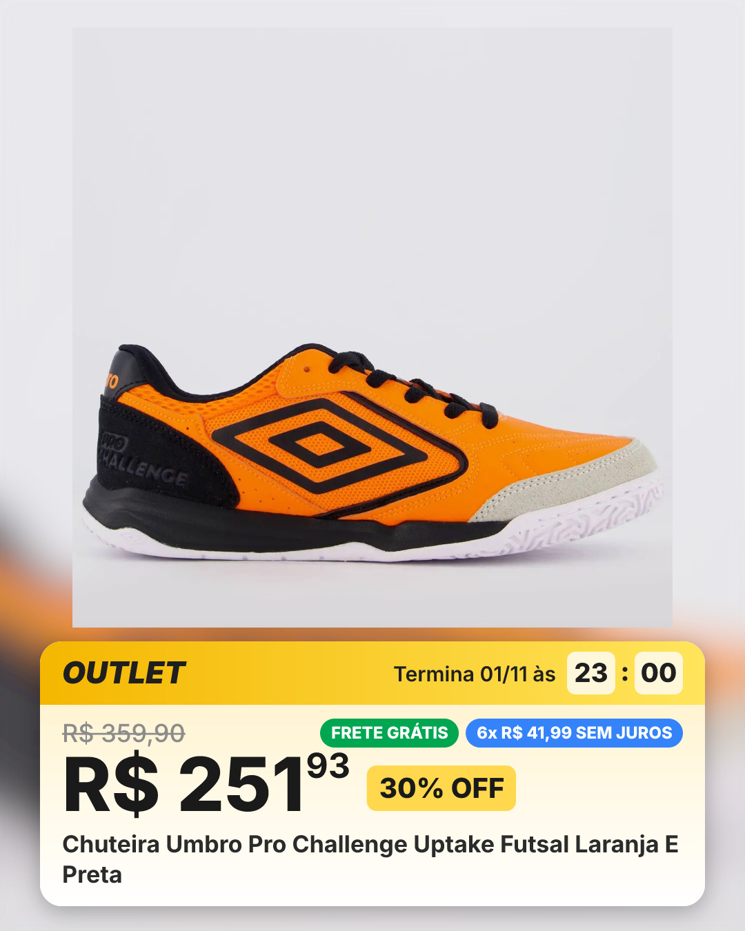Chuteira Umbro Pro Challenge Uptake Futsal Laranja E Preta