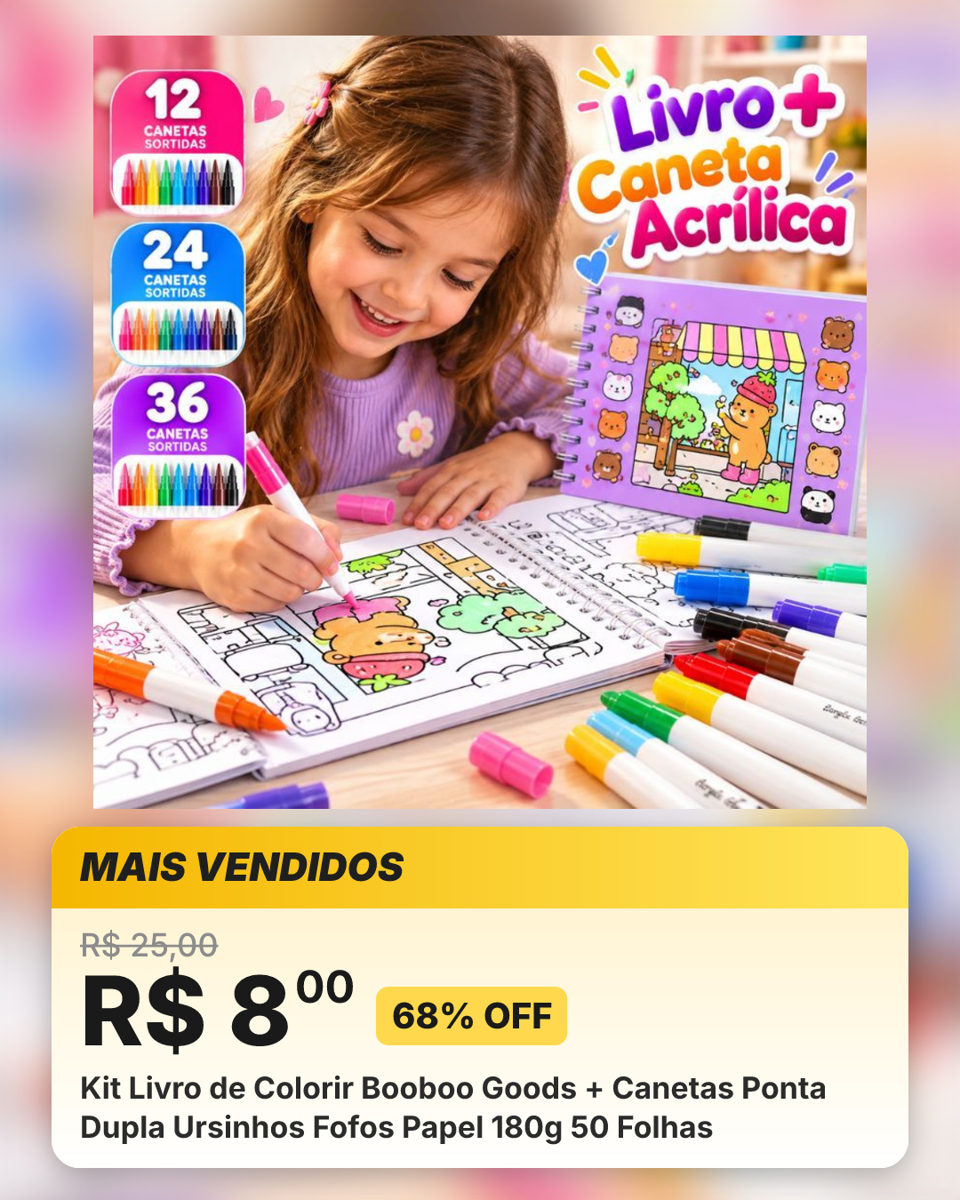 Kit Livro de Colorir Booboo Goods + Canetas Ponta Dupla Ursinhos Fofos Papel 180g 50 Folhas