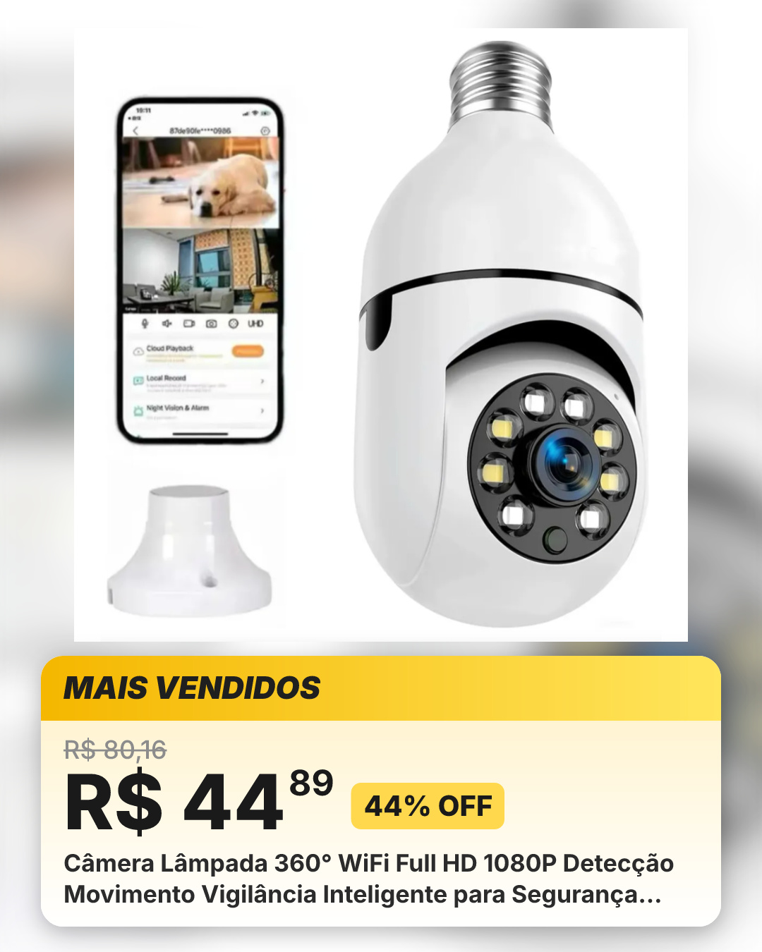 Câmera Lâmpada 360° WiFi Full HD 1080P Detecção Movimento Vigilância Inteligente para Segurança Doméstica APP PIXLINKCAM