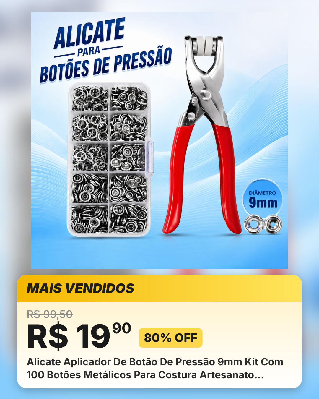 Alicate Aplicador De Botão De Pressão 9mm Kit Com 100 Botões Metálicos Para Costura Artesanato Roupa Bebê