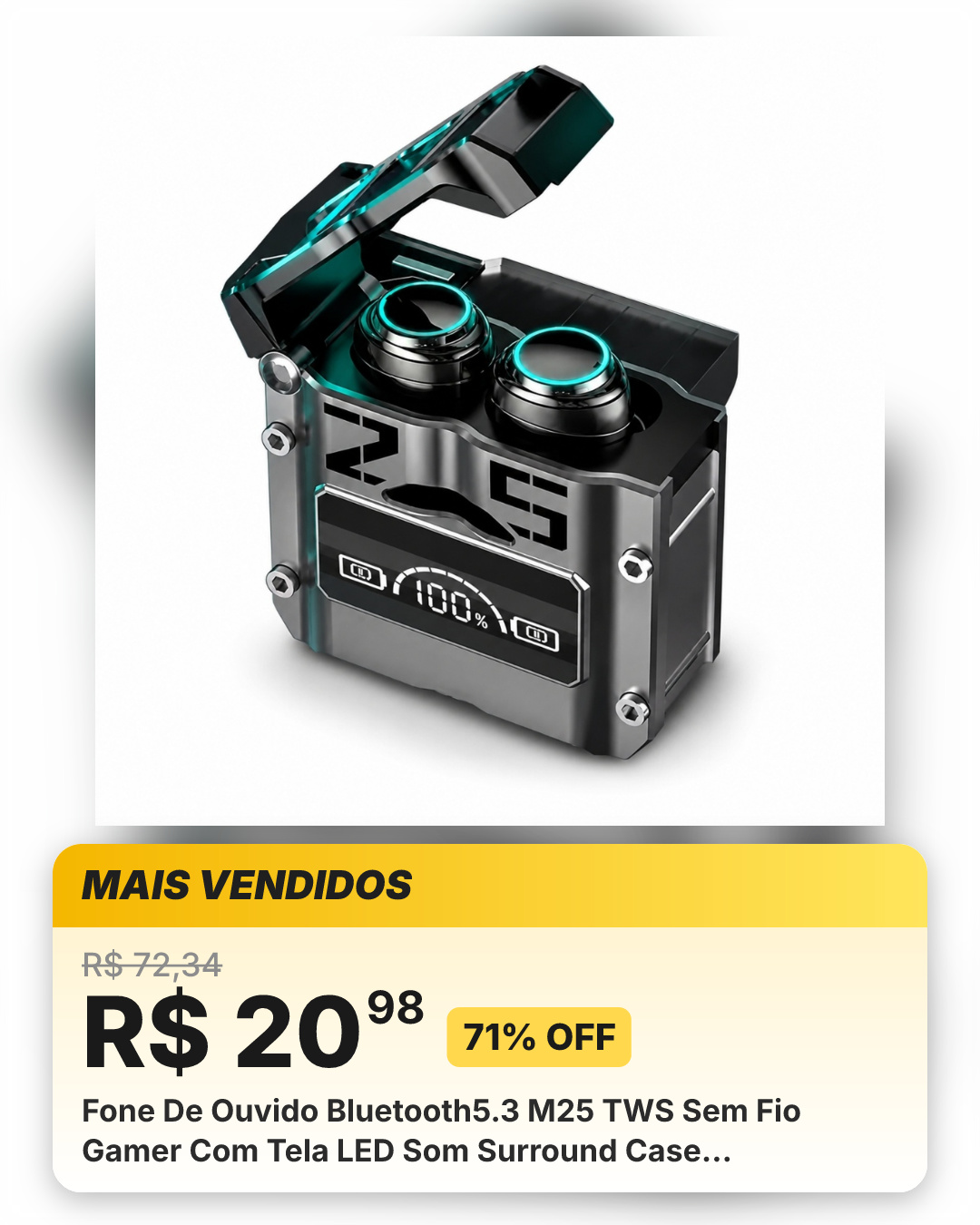Fone De Ouvido Bluetooth5.3 M25 TWS Sem Fio Gamer Com Tela LED Som Surround Case Carregador Portátil Preto