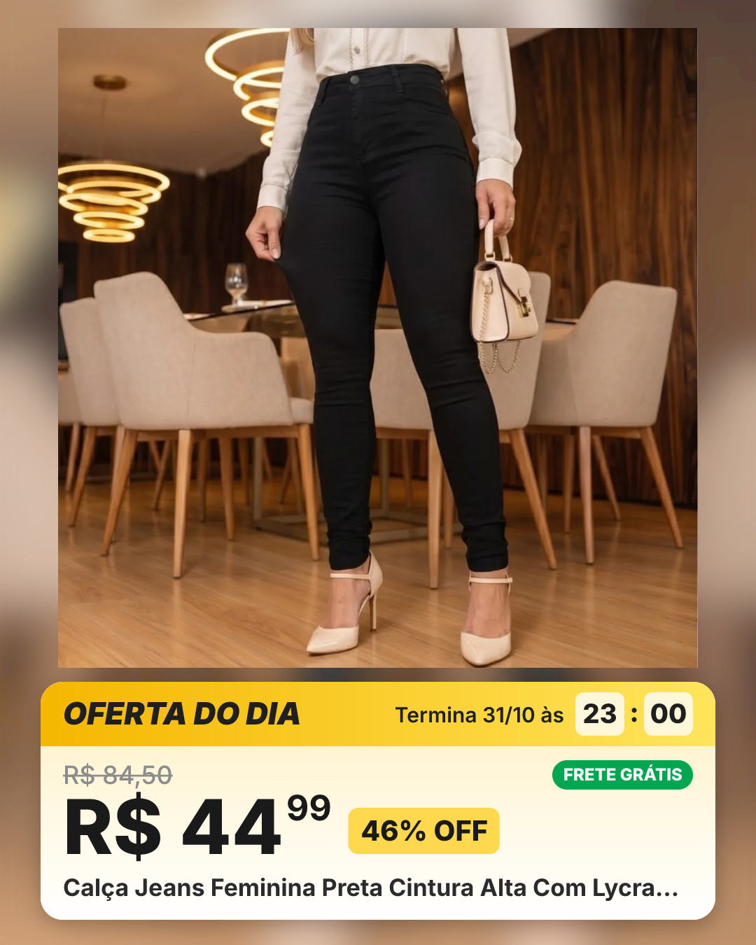 Calça Jeans Feminina Preta Cintura Alta Com Lycra…