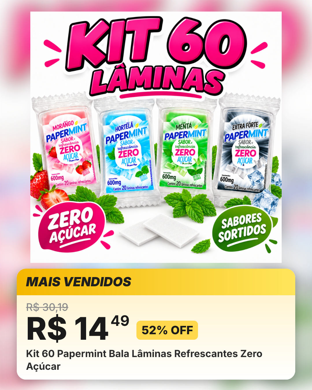 Kit 60 Papermint Bala Lâminas Refrescantes Zero Açúcar
