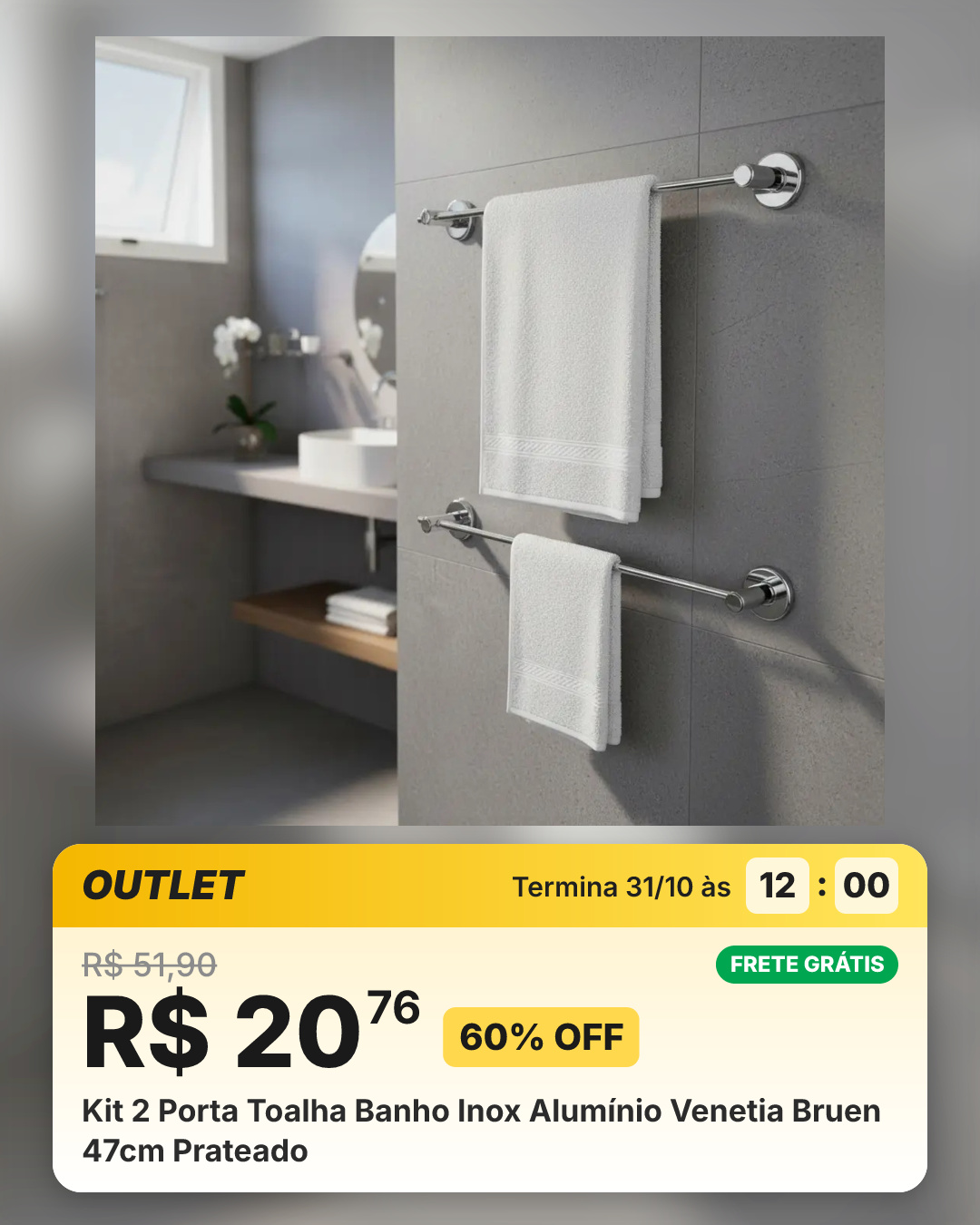 Kit 2 Porta Toalha Banho Inox Alumínio Venetia Bruen 47cm Prateado
