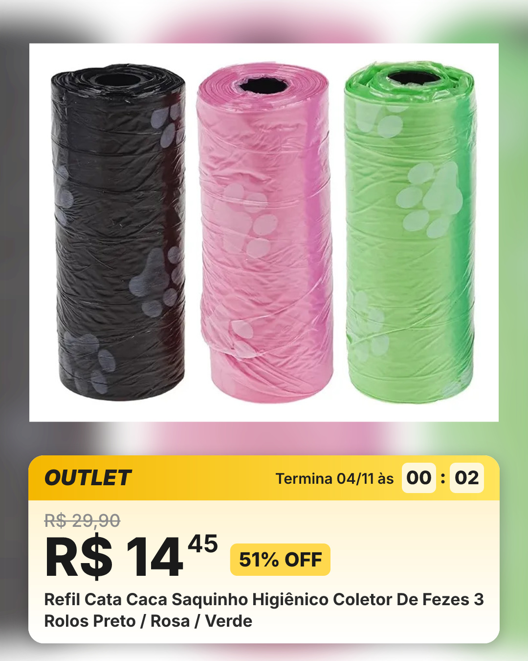 Refil Cata Caca Saquinho Higiênico Coletor De Fezes 3 Rolos Preto / Rosa / Verde