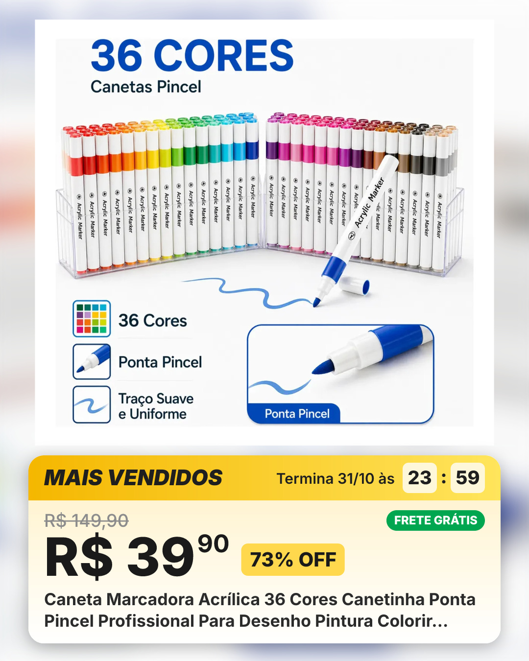 Caneta Marcadora Acrílica 36 Cores Canetinha Ponta Pincel Profissional Para Desenho Pintura Colorir Artesanato Madeira Vidro Plástico Metal Resina Scrapbook Marca Texto Estojo Variado