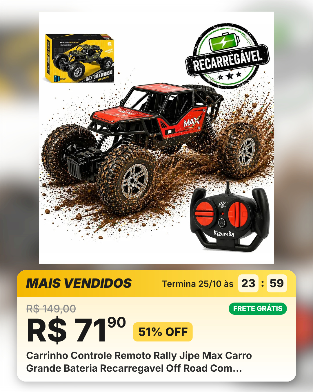 Carrinho Controle Remoto Rally Jipe Max Carro Grande Bateria Recarregavel Off Road Com Amortecedores 4x4 Brinquedo Kizumba Sortido