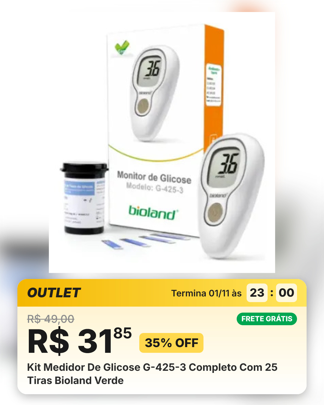 Kit Medidor De Glicose G-425-3 Completo Com 25 Tiras Bioland Verde