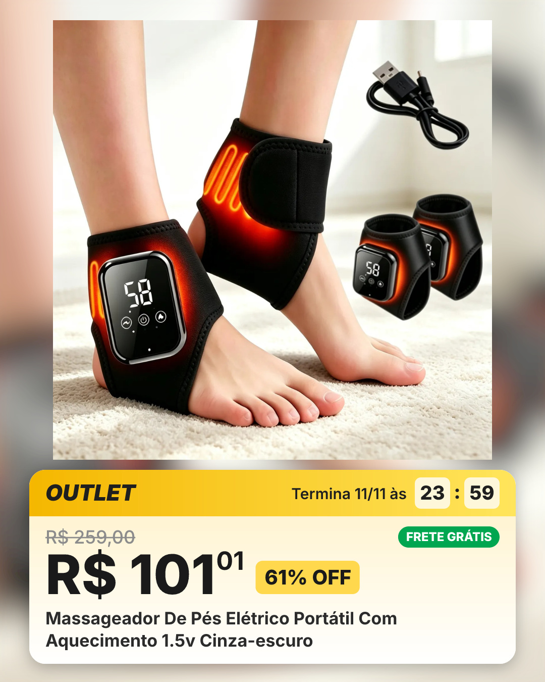 Massageador De Pés Elétrico Portátil Com Aquecimento 1.5v Cinza-escuro