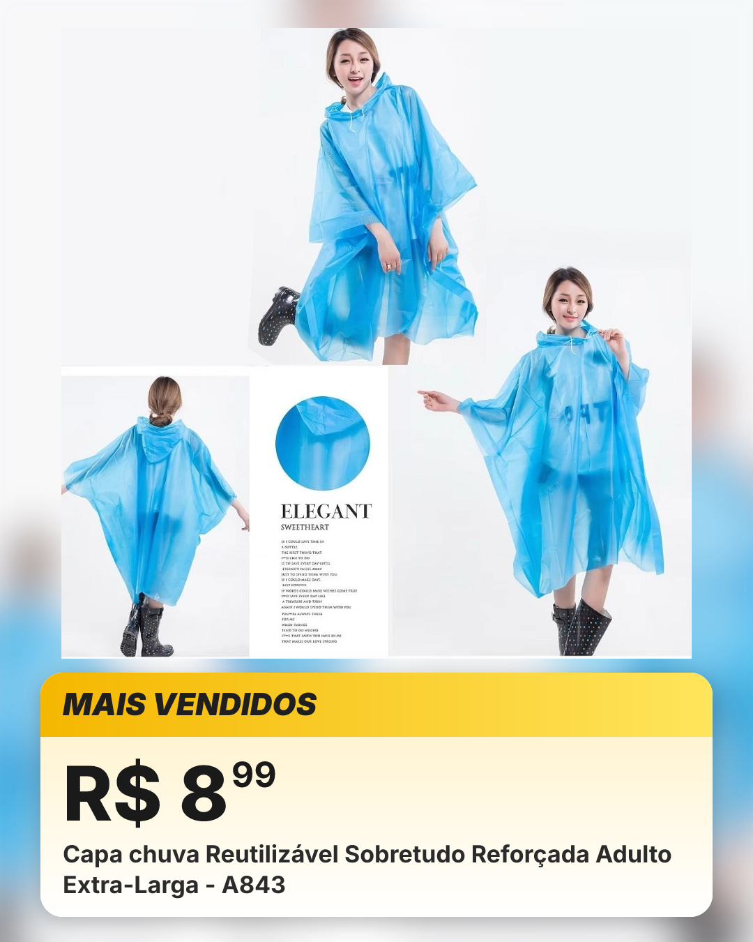 Capa chuva Reutilizável Sobretudo Reforçada Adulto Extra-Larga - A843