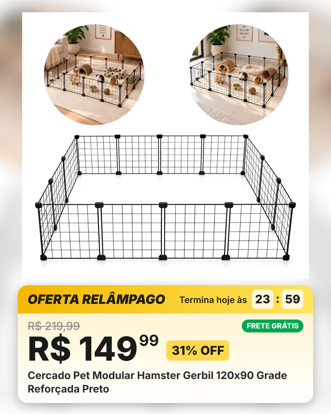 Cercado Pet Modular Hamster Gerbil 120x90 Grade Reforçada Preto