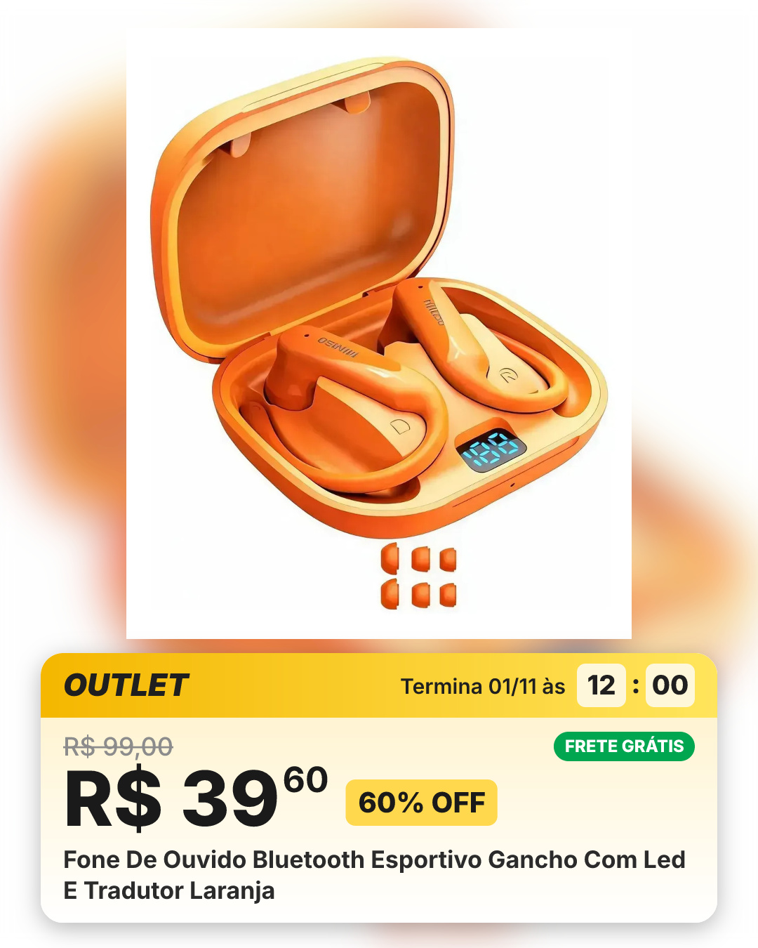 Fone De Ouvido Bluetooth Esportivo Gancho Com Led E Tradutor Laranja