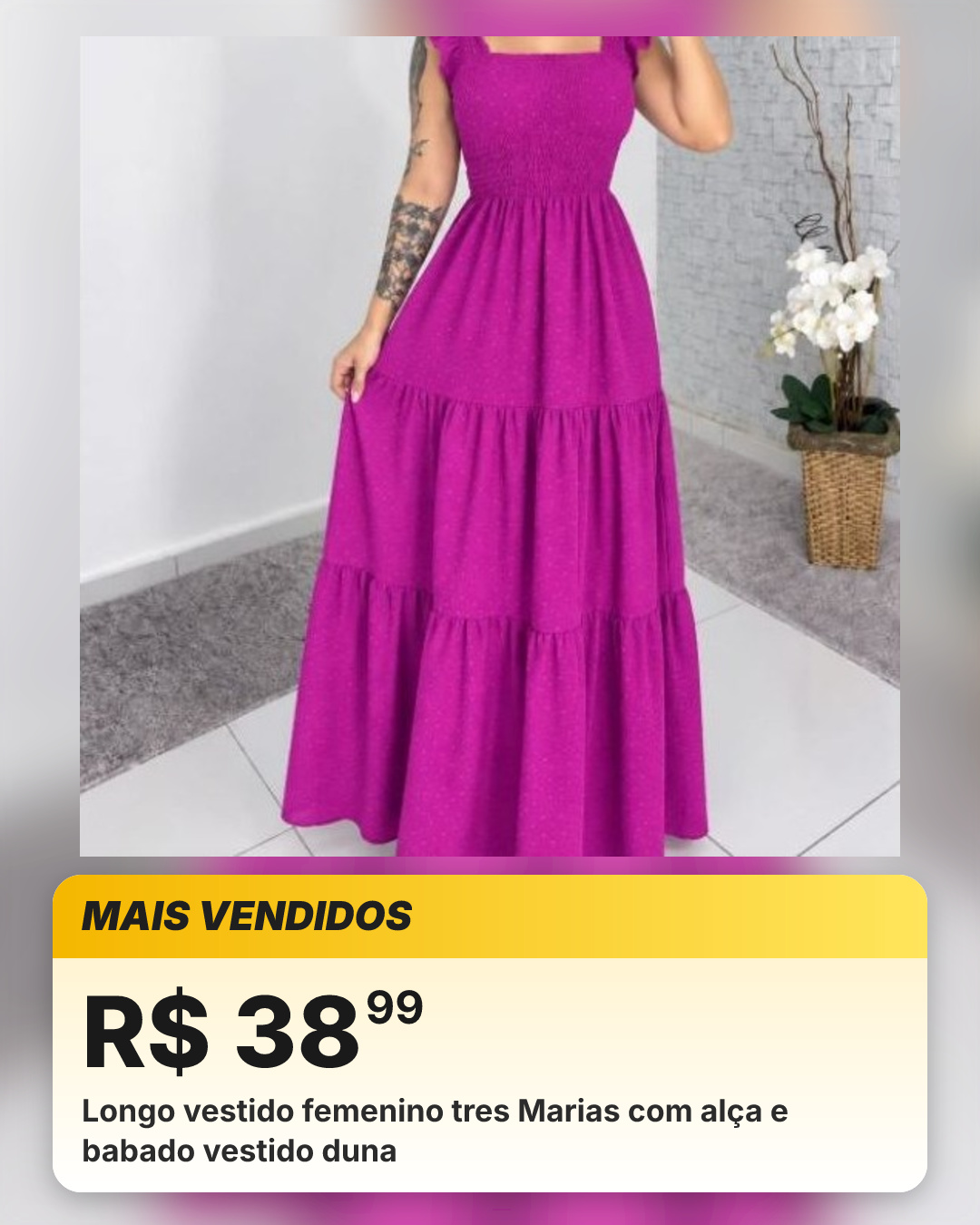 Longo vestido femenino tres Marias com alça e babado vestido duna