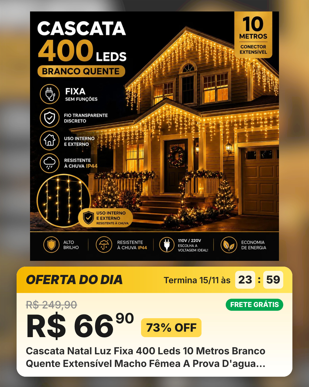 Cascata Natal Luz Fixa 400 Leds 10 Metros Branco Quente Extensível Macho Fêmea A Prova D'agua Área Interna E Externa Laruno 127v