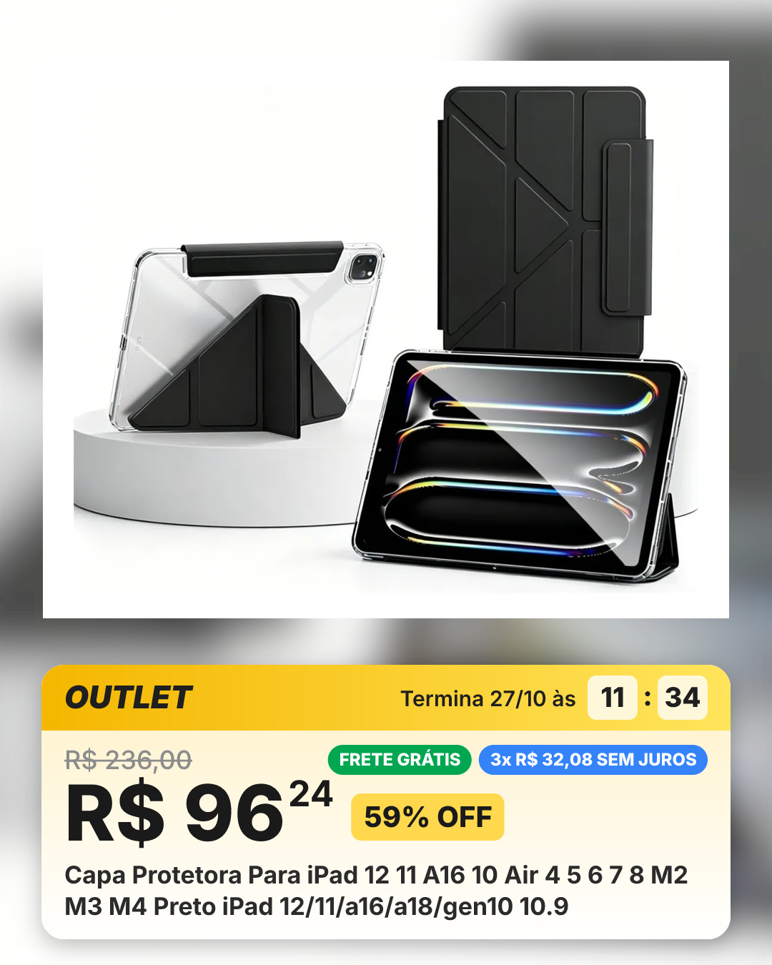 Capa Protetora Para iPad 12 11 A16 10 Air 4 5 6 7 8 M2 M3 M4 Preto iPad 12/11/a16/a18/gen10 10.9