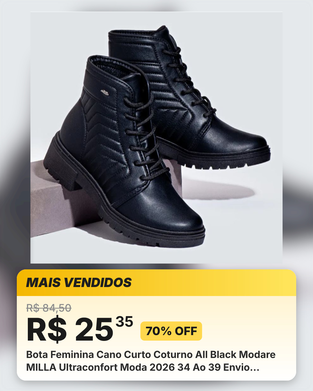 Bota Feminina Cano Curto Coturno All Black Modare MILLA Ultraconfort Moda 2026 34 Ao 39 Envio Express 24 HRS !