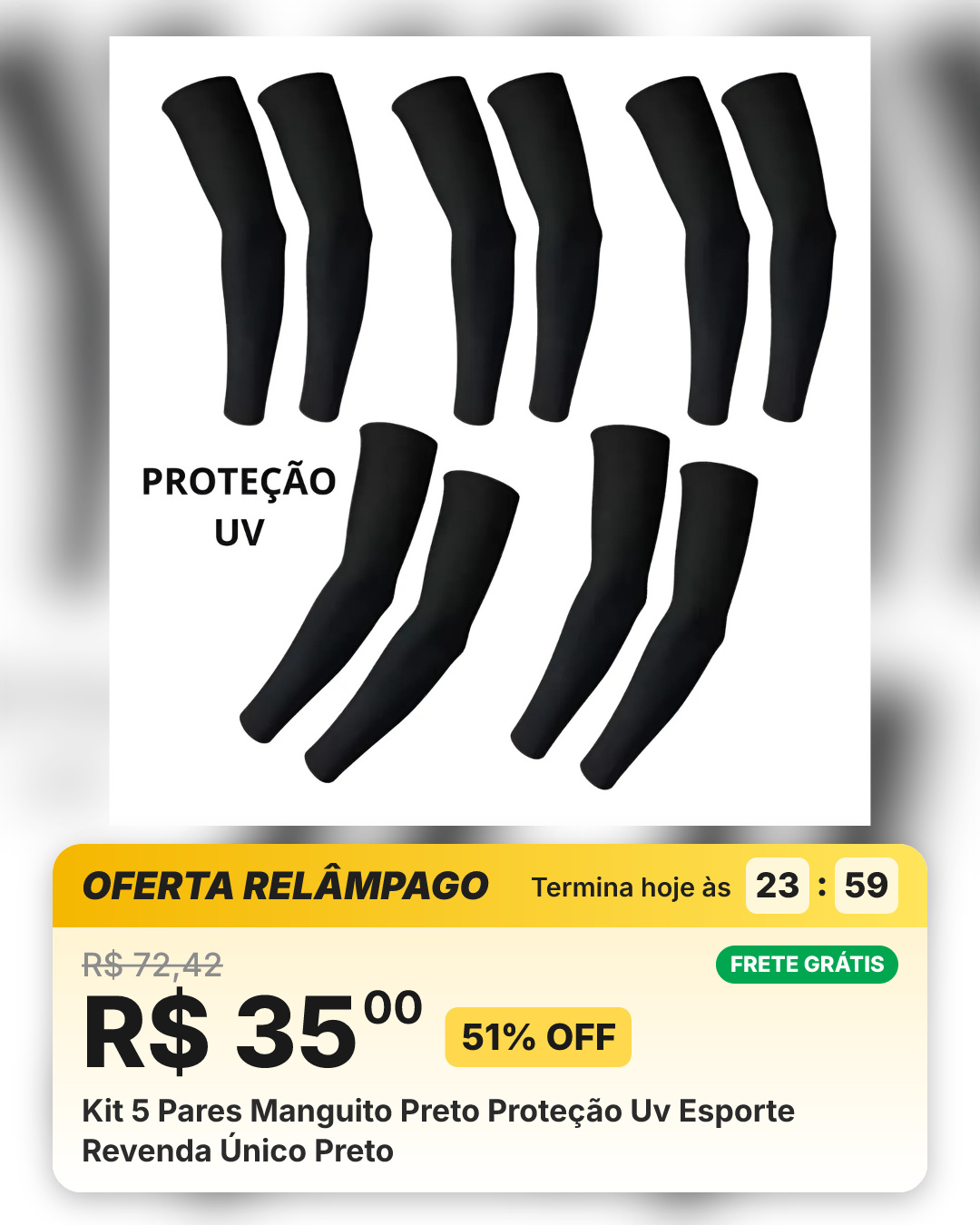 Kit 5 Pares Manguito Preto Proteção Uv Esporte Revenda Único Preto