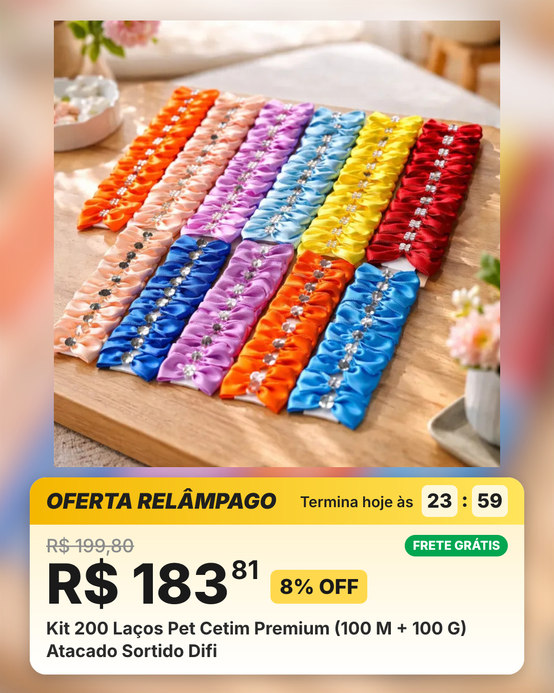 Kit 200 Laços Pet Cetim Premium (100 M + 100 G) Atacado Sortido Difi