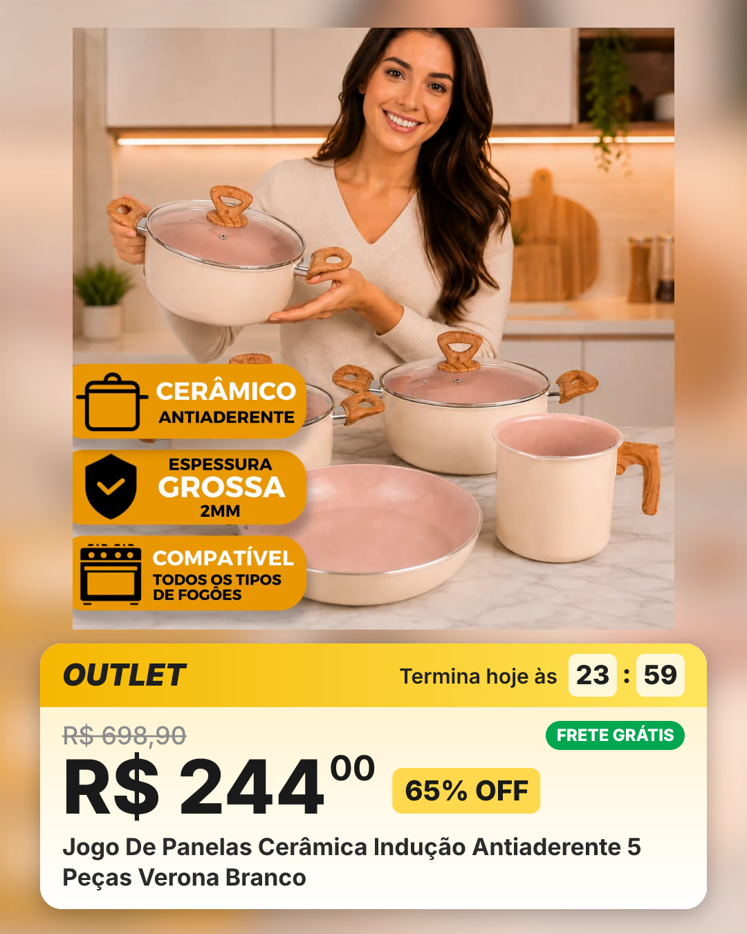 Jogo De Panelas Cerâmica Indução Antiaderente 5 Peças Verona Branco